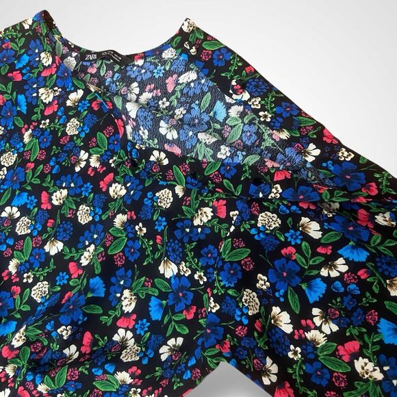 Zara Floral Skort Dress Women Size M Tiered Mini 3/4 Balloon Sleeve Ruffle Hem - Picture 6 of 8